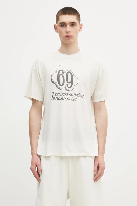 Aries tricou din bumbac Destroyed 69 SS Tee culoarea bej, cu imprimeu, AR6006903