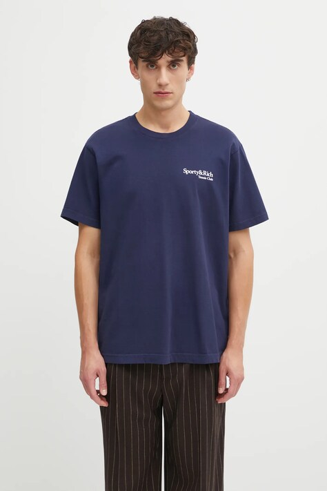 Sporty & Rich t-shirt bawełniany Play Tennis kolor granatowy z nadrukiem TO043621425BL106