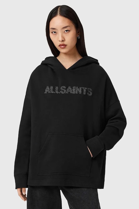 AllSaints bluza bawełniana damskie kolor czarny z kapturem z nadrukiem W118JD