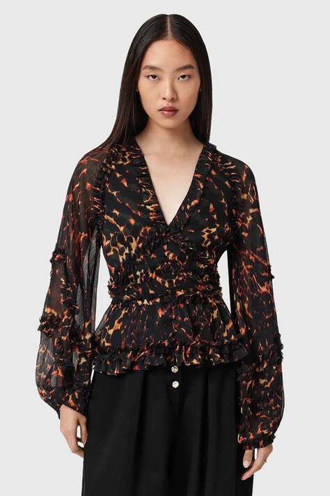 Блуза AllSaints дамска в кафяво с десен W052PD