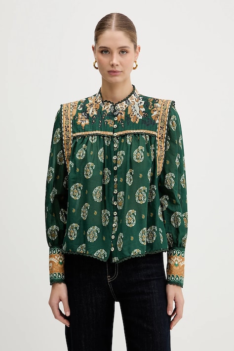 Farm Rio koszula bawełniana damska kolor zielony relaxed ze stójką 351137