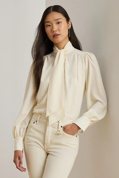 Lauren Ralph Lauren koszula damskie kolor beżowy regular z wiązanym dekoltem 200P14083