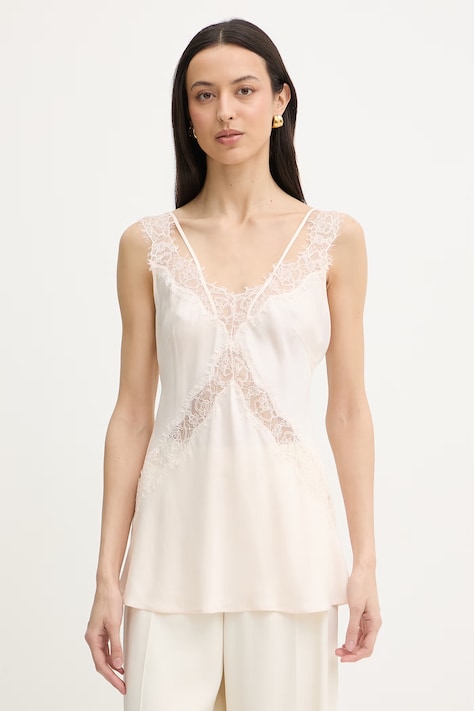 Pinko blúzka s ramienkami dámska z viskózy béžová s čipkovanými detailmi 106623 A385