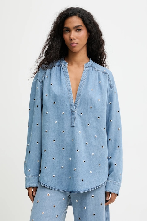 Pinko bluzka jeansowa damska kolor niebieski gładka 105785 A33C