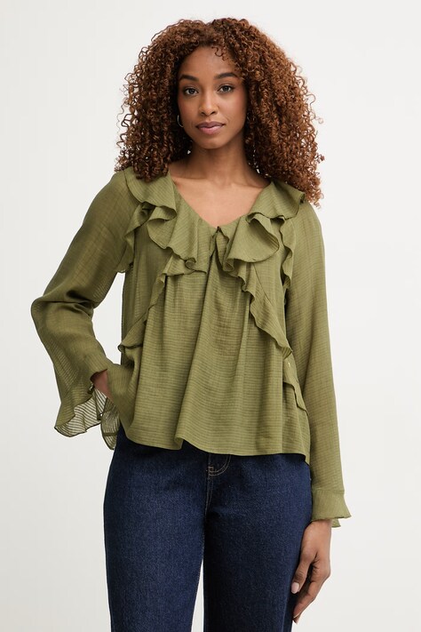 Pedro del Hierro bluzka z falbanką damska z wiskozą zielona gładka 6633455