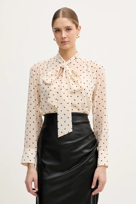 Joop! koszula damska kolor beżowy regular z wiązanym dekoltem 30100464