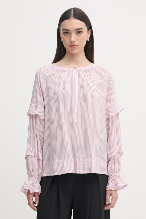 Mos Mosh bluzka koszulowa damska z wiskozy Jorun różowa w paski 176760