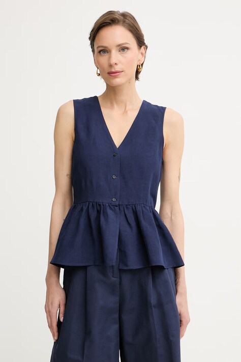 Marella сорочкова блузка жіноча з льоном Emme by Marella темно-синя однотонна 2615161102200