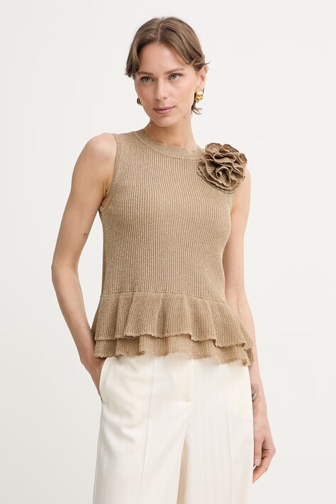 Luisa Spagnoli bluzka z falbanką damska z wiskozą Zanella złota gładka 100399