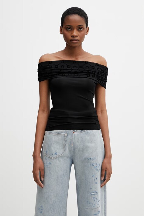 Marine Serre Off Shoulder Drapped Top bluzka damska z wiskozą gładka czarna WTO509ACJER0022
