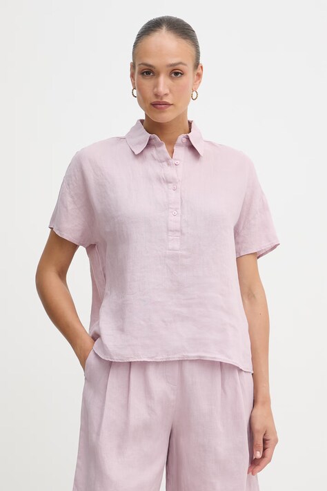 United Colors of Benetton bluzka damska lniana różowa gładka 5BMLDQ0D2