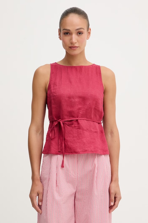 United Colors of Benetton top dámský lněný červený hladký 5BMLDQ0DZ