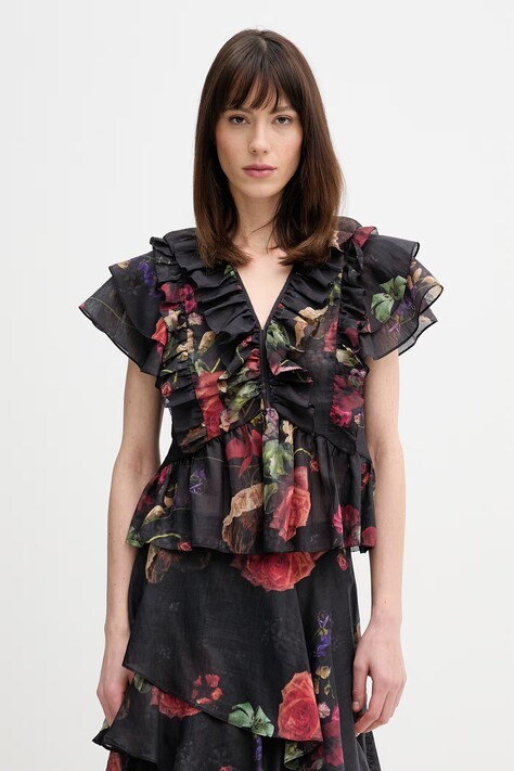 AllSaints bluzka z dodatkiem lnu ALMA damska kolor czarny wzorzysta W078PE