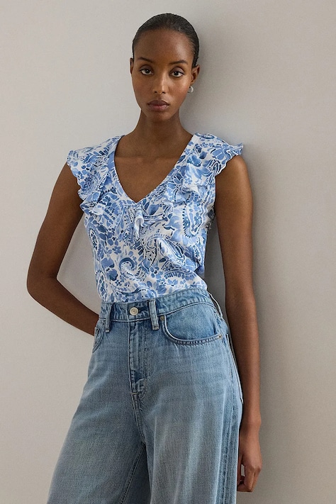 Lauren Ralph Lauren bluzka z falbanką damska bawełniana niebieska paisley 200P13316