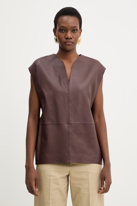 Δερμάτινη μπλούζα BOSS Suna γυναικεία, χρώμα: καφέ, 50556245