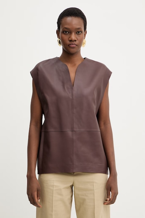 BOSS bluzka skórzana Suna damska kolor brązowy gładka 50556245