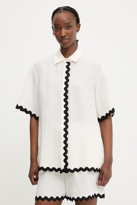 HUGO koszula damska z dodatkiem lnu Camule-1 beżowa gładka 50558175