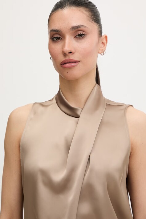 HUGO bluzka z odkrytymi ramionami damska beżowa gładka 50566904