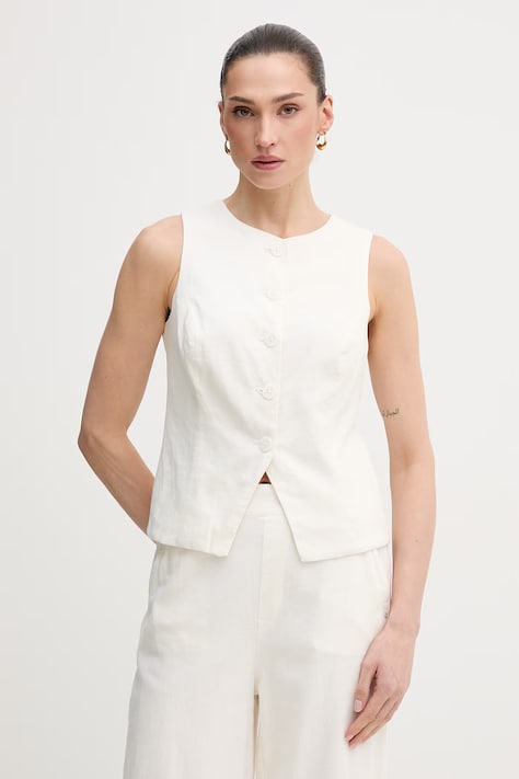 Dkny kamizelka z dodatkiem lnu damskie kolor beżowy jednorzędowa DJ6V7011