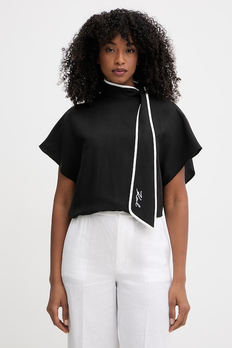 Karl Lagerfeld bluzka damska z dodatkiem lnu czarna gładka B2W11015