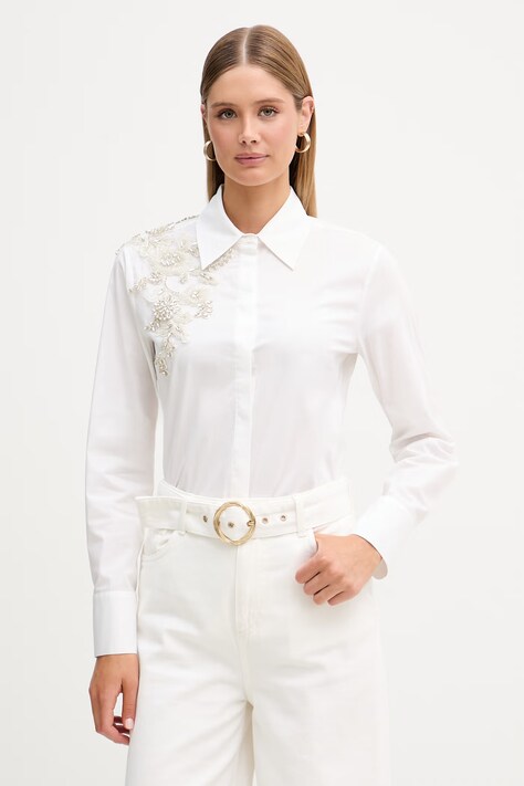 Blugirl Blumarine koszula damska bawełniana z elastanem biała w kwiaty RA6158.T2943