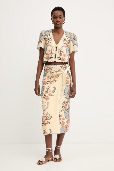 Farm Rio bluzka lniana damska kolor beżowy wzorzysta 348846