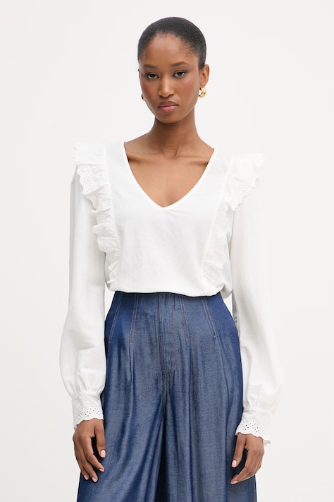 Morgan bluzka z falbanką damska bawełniana beżowa gładka TIMEO