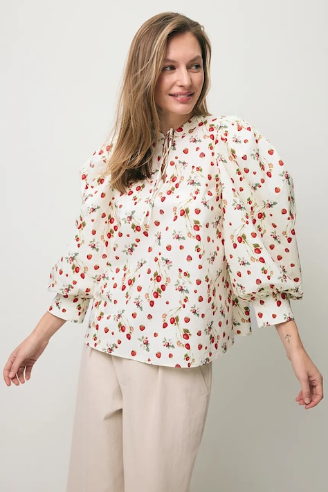 BIZUU bluzka koszulowa damska bawełniana ANDRASSA beżowa z nadrukiem ANDRASSA KREMOWY