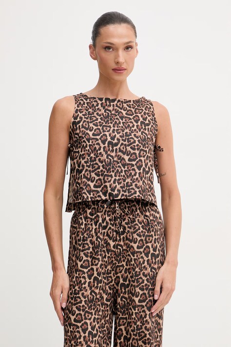 Paramidonna top damski lniany brązowy w panterkę SS26LTLEO-1