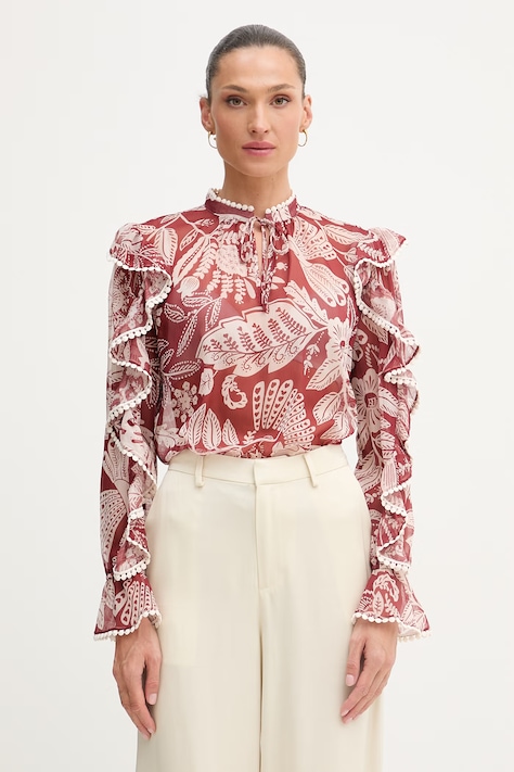 OUI bluzka z falbanką damska czerwona w kwiaty 97232