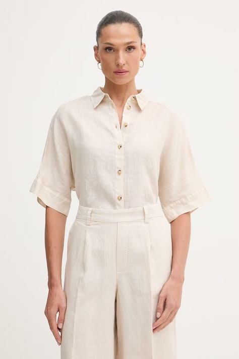 OUI koszula damska lniana beżowa gładka 97229
