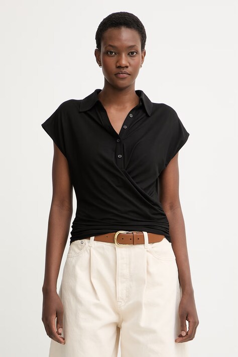 Sisley polo majica za žene od viskoze crna 3N9AL3002