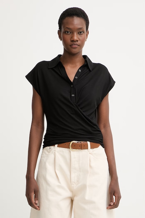 Sisley polo majica za žene od viskoze crna 3N9AL3002