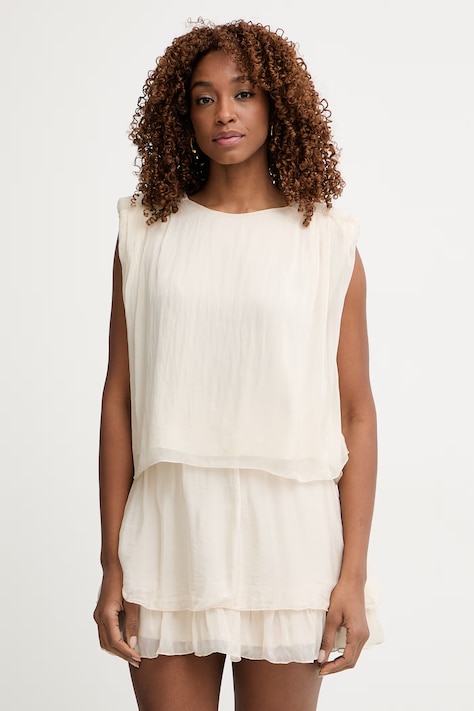 Haveone top damski z dodatkiem jedwabiu beżowy gładki RFF-Q010