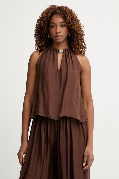 Haveone top damski z dodatkiem jedwabiu brązowy gładki RFF-Q009