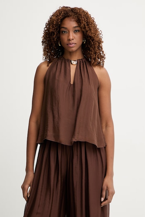 Haveone top damski z dodatkiem jedwabiu brązowy gładki RFF-Q009