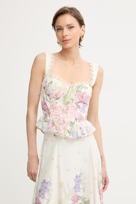 Charo Ruiz Ibiza top damski z bawełną Floret beżowy w kwiaty 266101