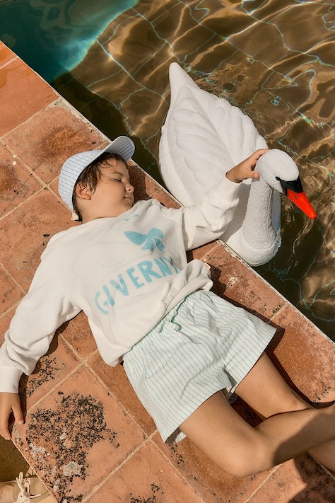 Tinycottons szorty kąpielowe dziecięce CYAN FINE STRIPES TRUNKS kolor niebieski SS26-450