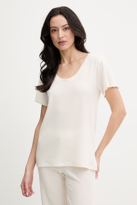 Горнище на пижама с къси ръкави BOSS Cosy Waffle в бежово 50557177