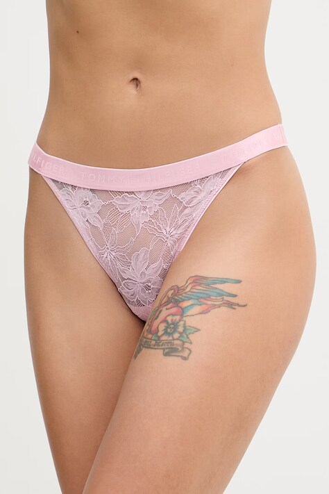 Tommy Hilfiger chiloți g-string pentru femei, din dantelă roz UW0UW06267