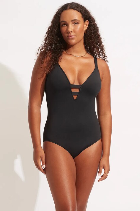 Seafolly costum de baie dintr-o singură piesă pentru femei, dinep V negru 10634-942