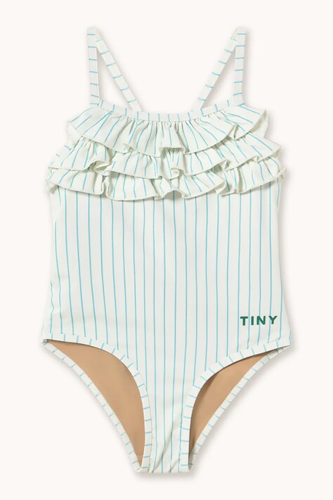 Tinycottons jednoczęściowy strój kąpielowy dziecięcy CYAN FINE STRIPES SWIMSUIT kolor biały SS26-447