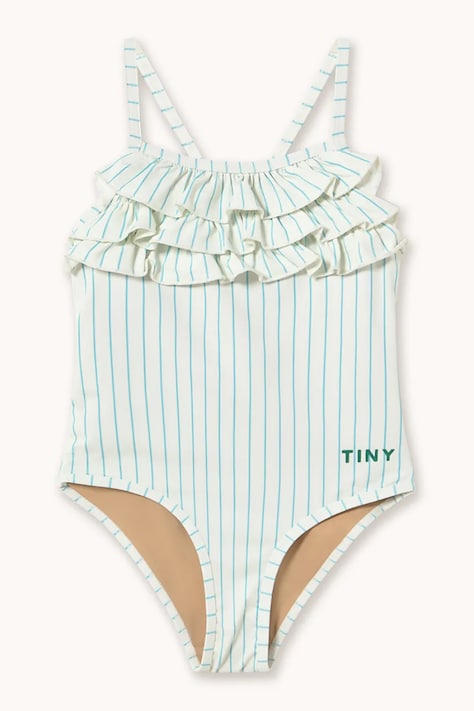 Tinycottons jednoczęściowy strój kąpielowy dziecięcy CYAN FINE STRIPES SWIMSUIT kolor biały SS26-447