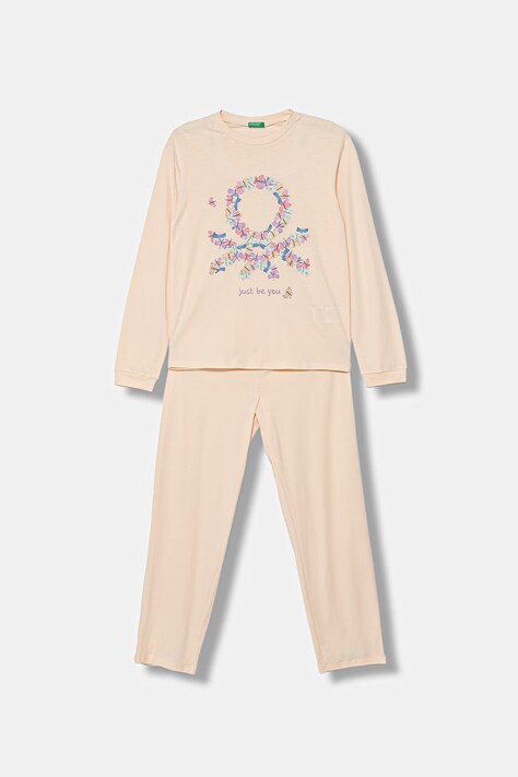 United Colors of Benetton piżama dwuczęściowa dziecięca bawełniana beżowa 30960P09U
