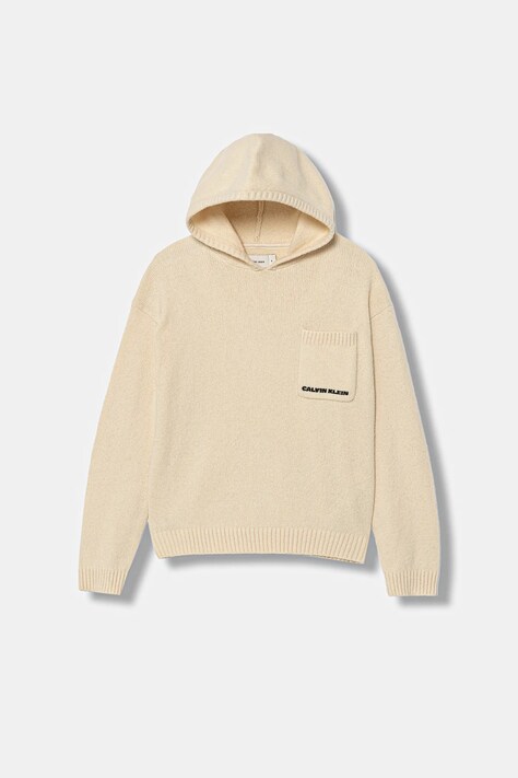 Calvin Klein Jeans bluza dziecięca kolor beżowy z kapturem gładka IB0IB02622