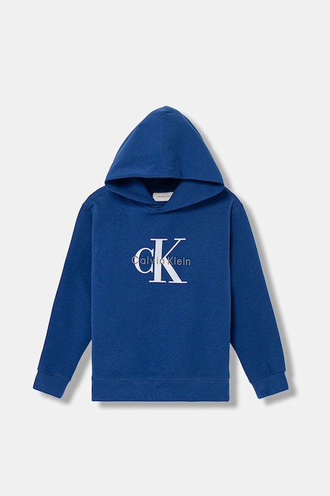 Dětská mikina Calvin Klein Jeans modrá barva, s kapucí, s potiskem, IB0IB02615