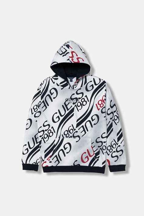 Guess bluza bawełniana dziecięca kolor biały z kapturem wzorzysta L6RQ00 KA6R4