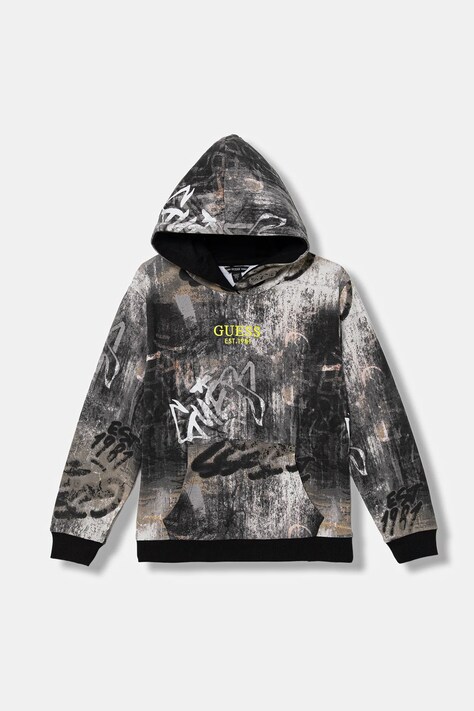 Guess bluza bawełniana dziecięca kolor szary z kapturem wzorzysta L6RQ00 KA6R4