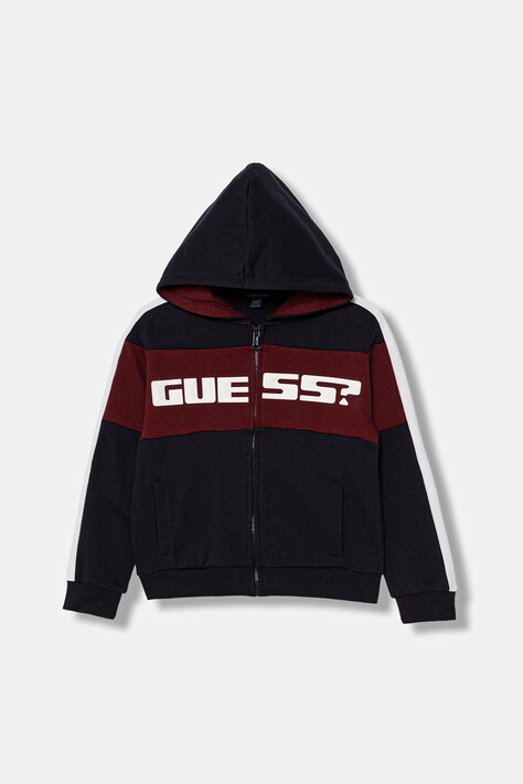 Guess bluza bawełniana dziecięca kolor granatowy z kapturem wzorzysta L6RQ04 KA6R4