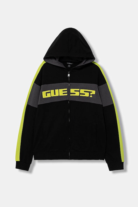 Guess bluza bawełniana dziecięca kolor czarny z kapturem wzorzysta L6RQ04 KA6R4